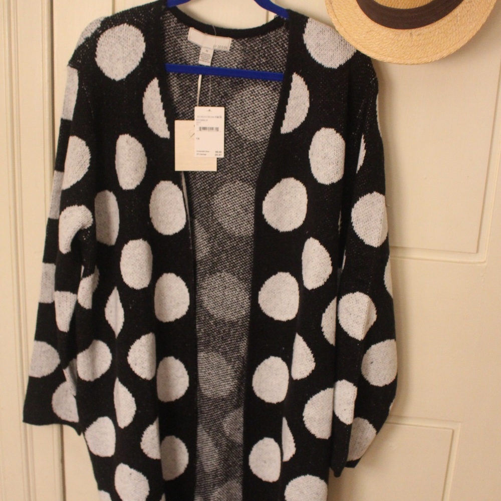 Women's black sweater large white dots